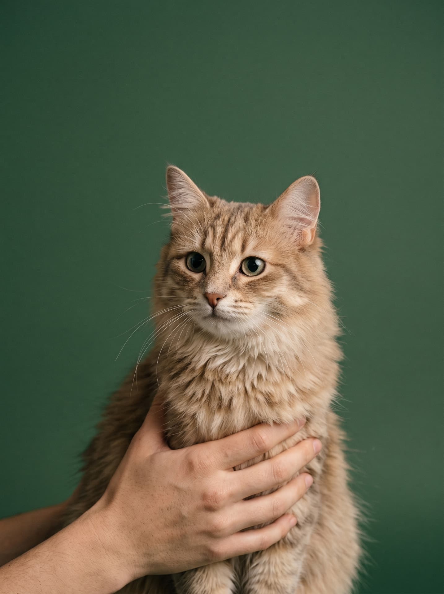 A pet parent holding her cat gently for the camera