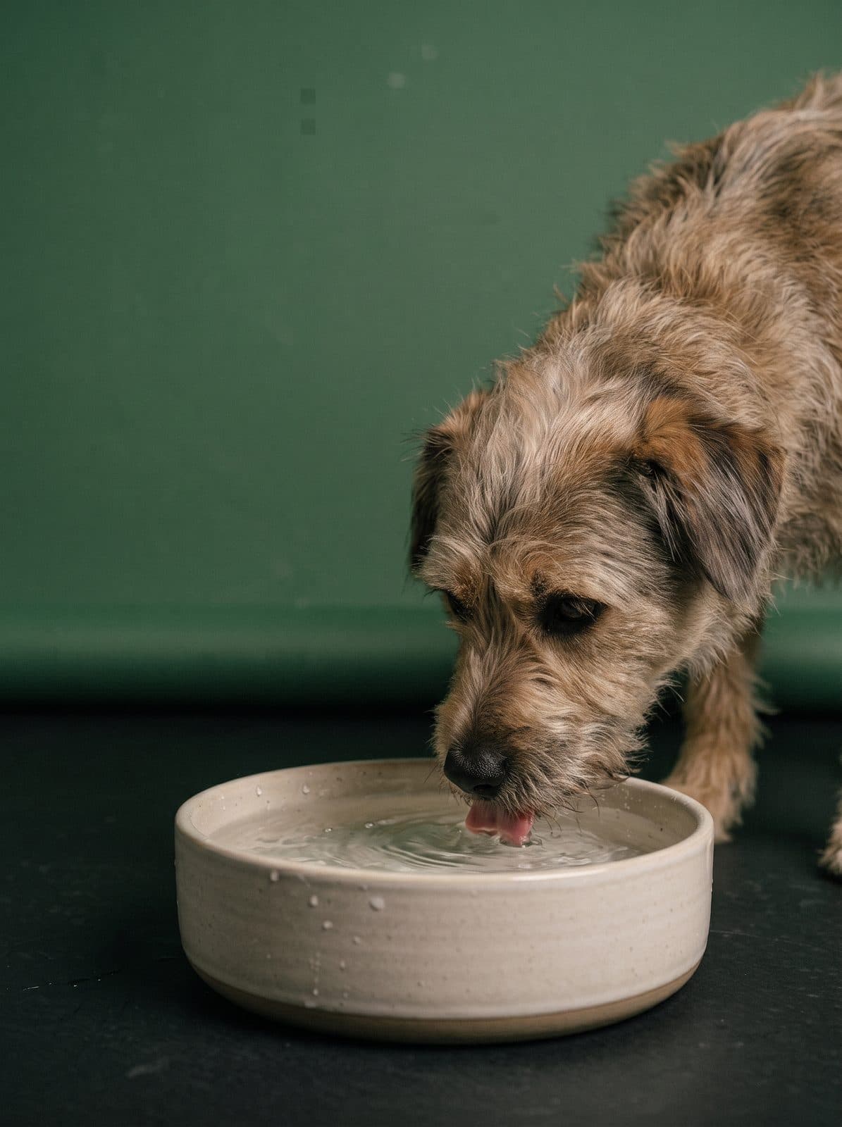 A terrier drinking from a water bowl