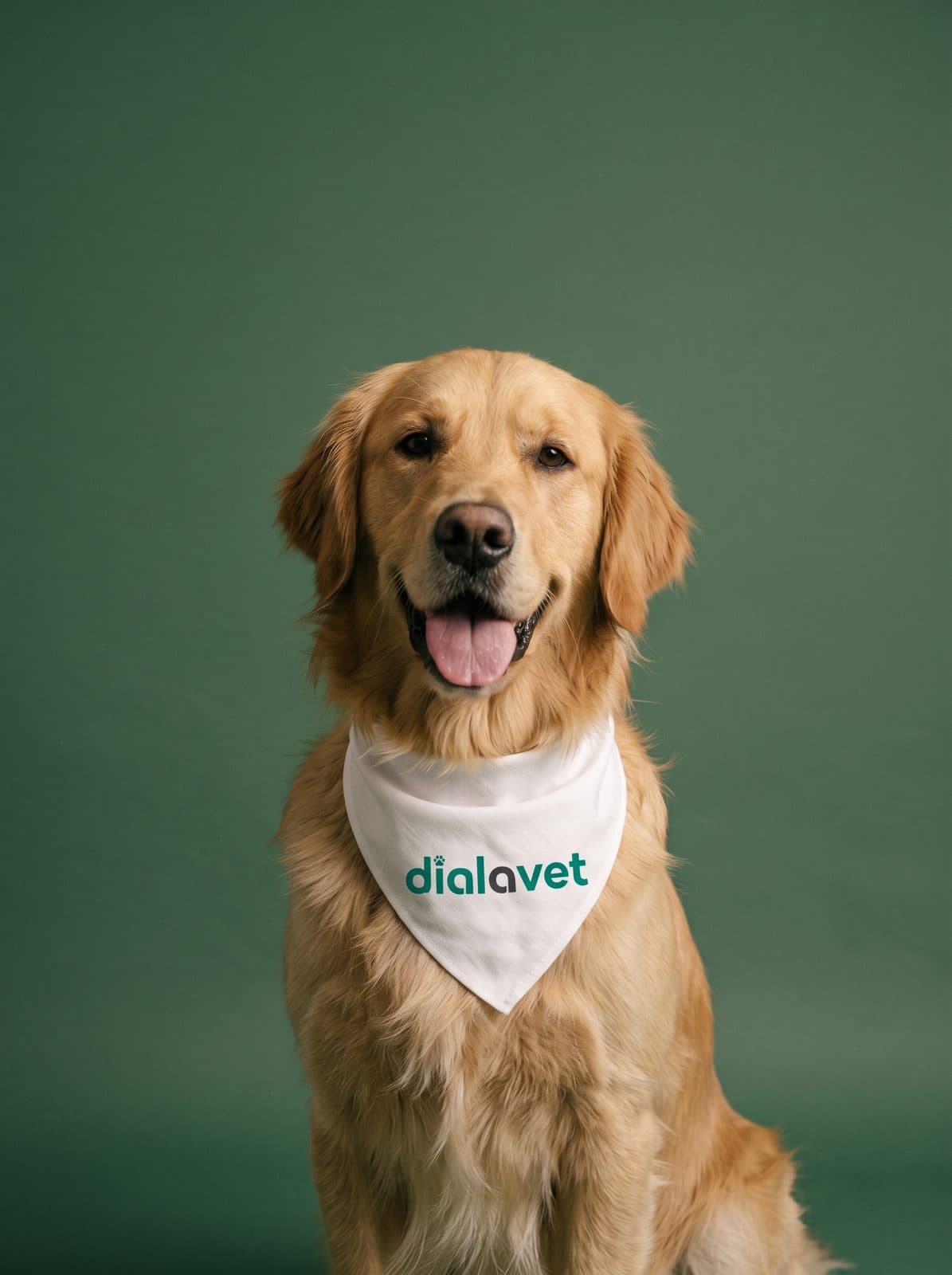 A golden retriever wearing a Dial A Vet bandana
