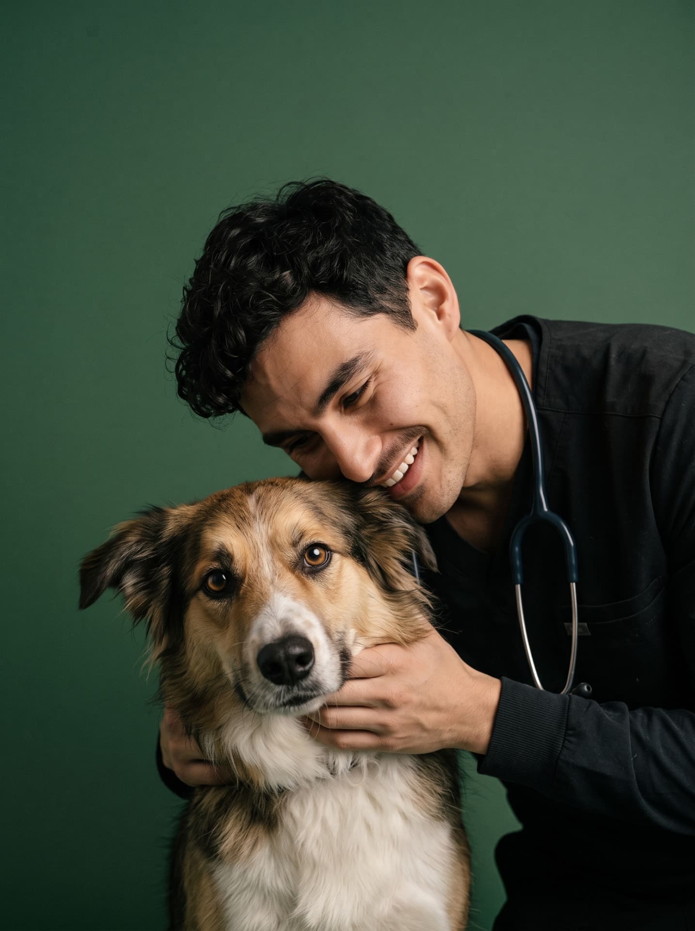 A vet in scrubs leaning affectionately against a tricolour dog